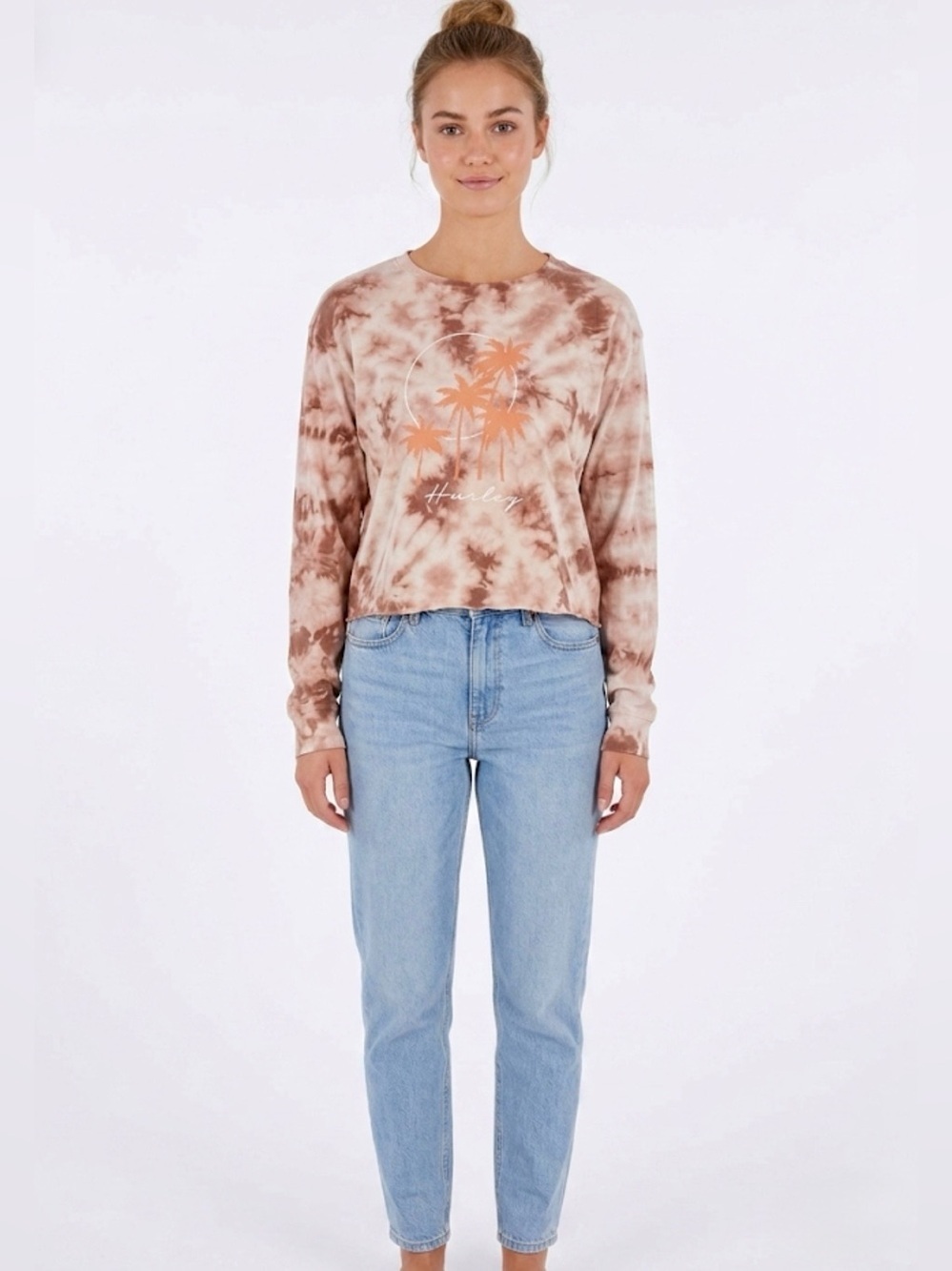 Hurley Taryn Tie Dye Cropped Long Sleeve Tee Brown / Tan NWT Size Small